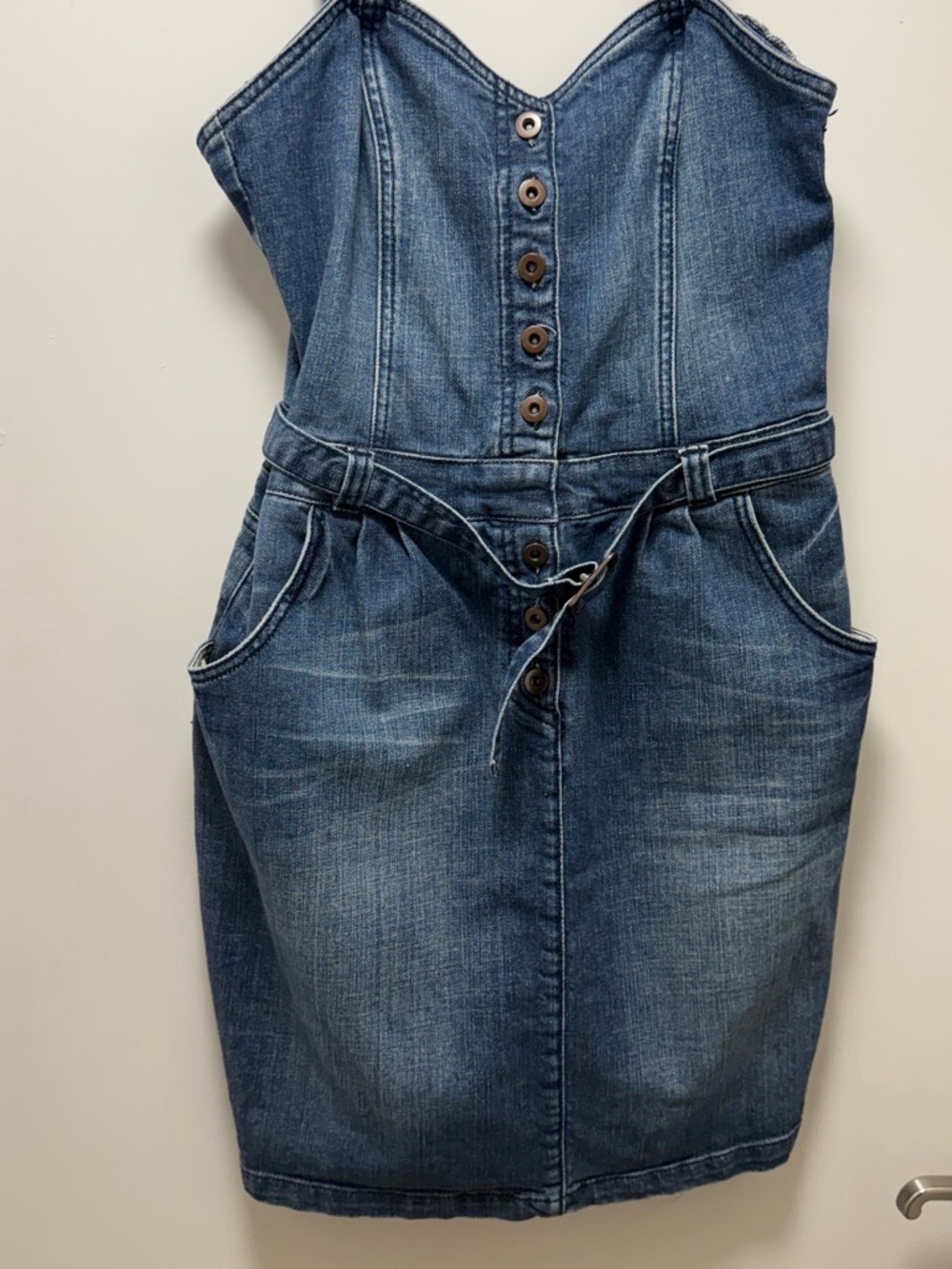 H&M Dark Blue Denim Button-Front Overall Dress with Self-Tie